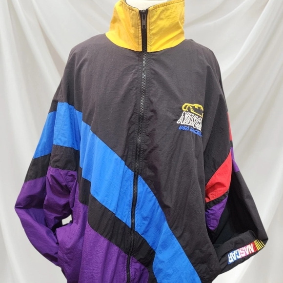Vintage NASCAR Windbreaker Colorblock Embroidered Racing Jacket 90s Style LARGE - Picture 2 of 3